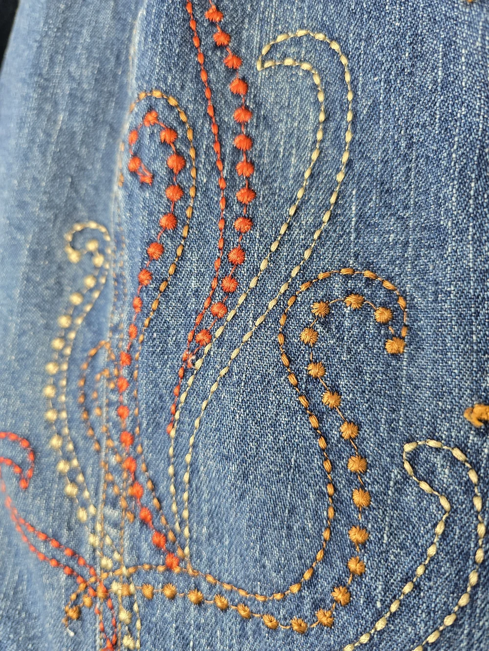 Embroidered Blue Denim Jacket with Fall Leaf Motif - Picture 7 of 17